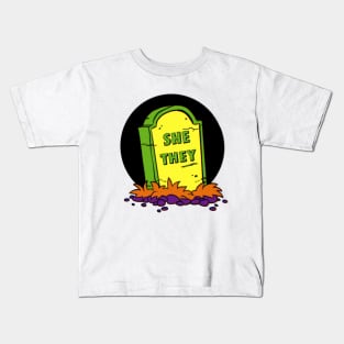 She/They Pronoun Grave Kids T-Shirt